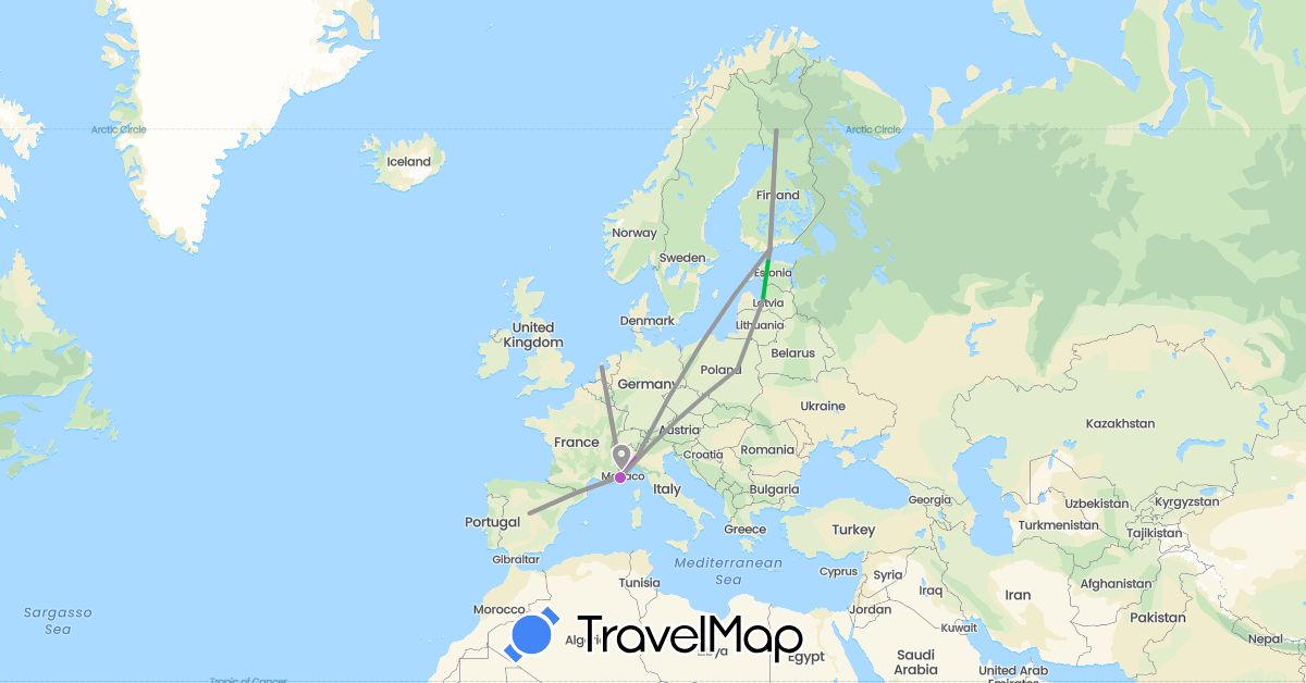 TravelMap itinerary: driving, bus, plane, train in Estonia, Spain, Finland, France, Italy, Latvia, Netherlands, Poland (Europe)